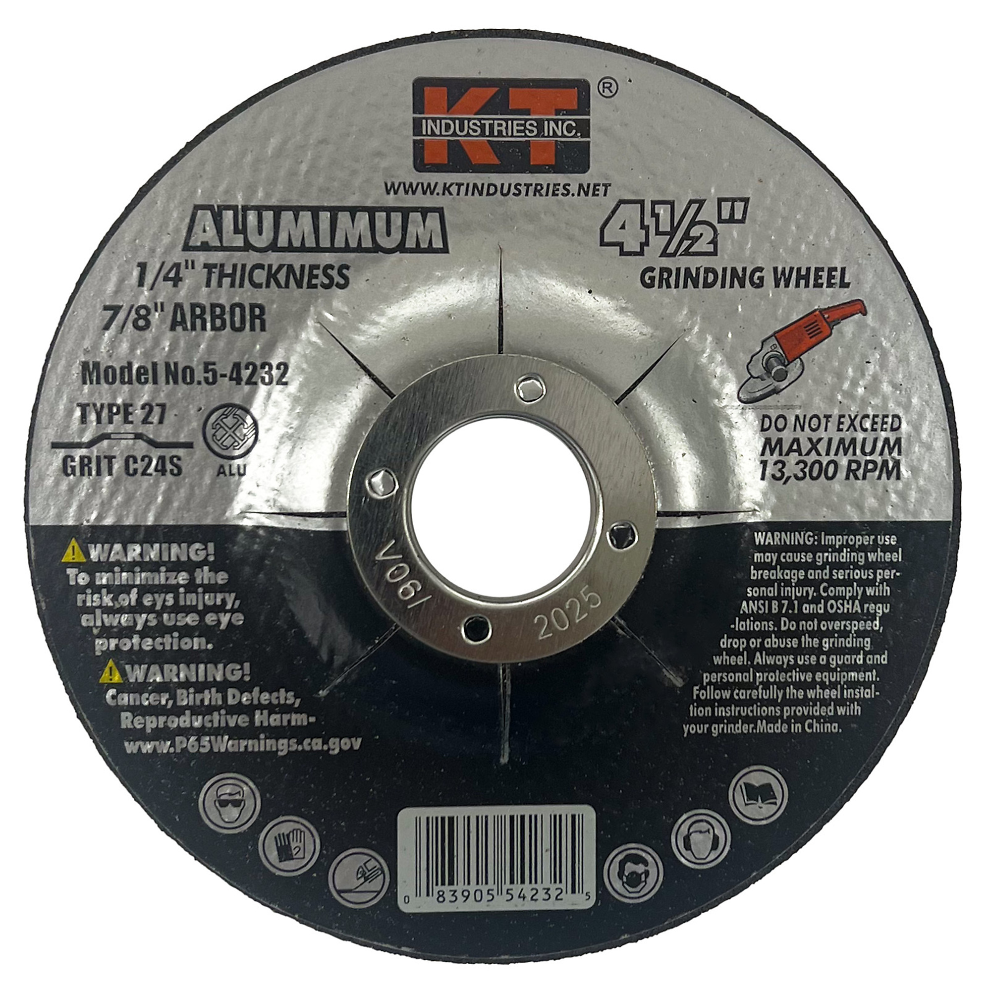 K-T Industries Grinding Wheel for Aluminum — 4.5in. x 0.25in. x 7/8in., Type 27, 13,300 RPM, 5 Pcs, Model# 5-4232